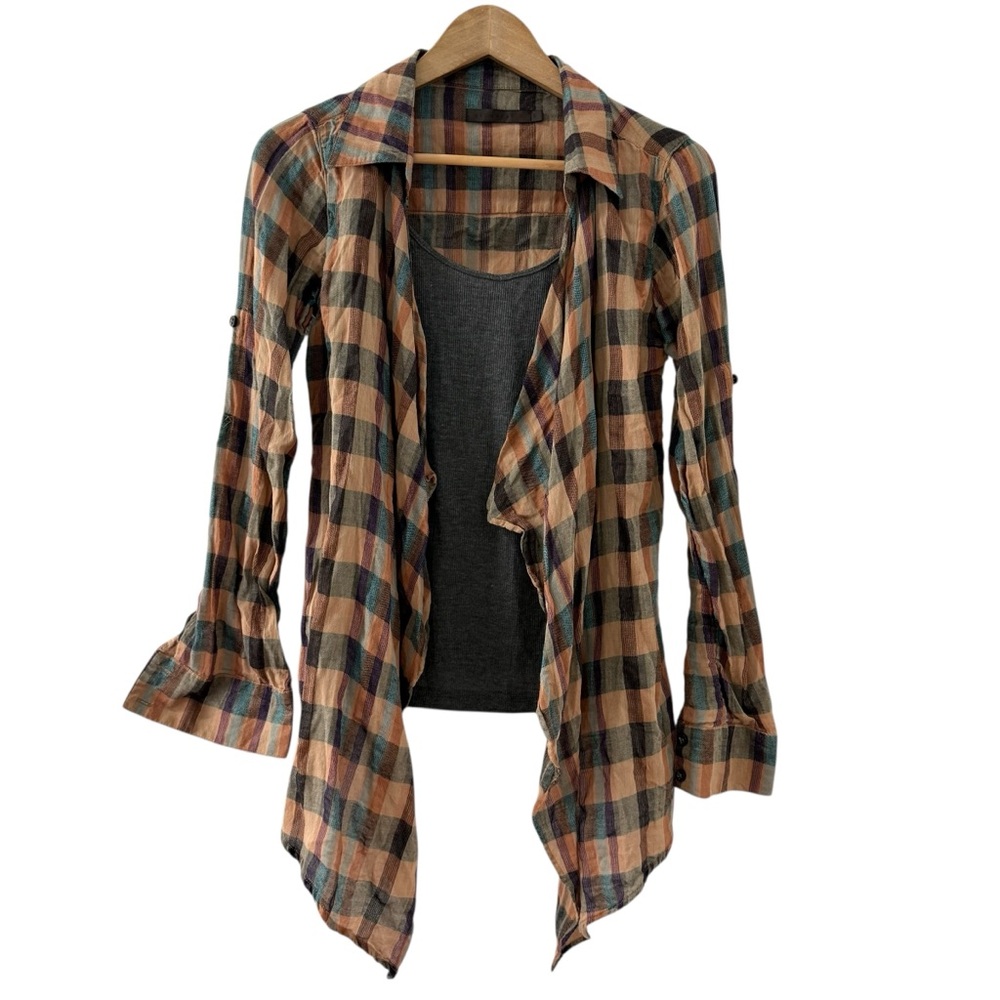 Nicholas K Plaid Flannel Double Layer Open Front Shirt Roll Tab Sleeves Small
